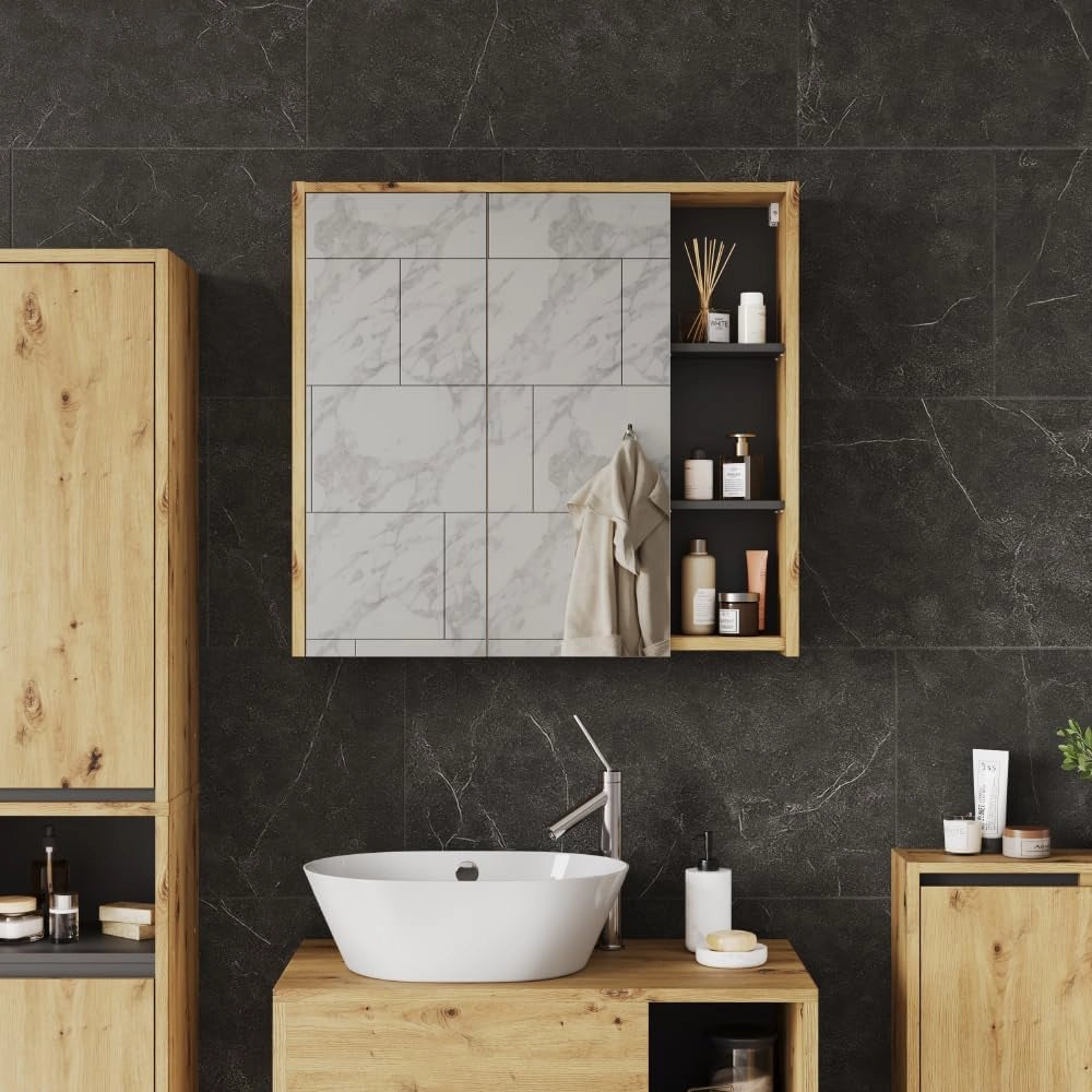 Specchio contenitore bagno Viola, Artigiano/grigio, 80 x 75 cm con ripiani aperti