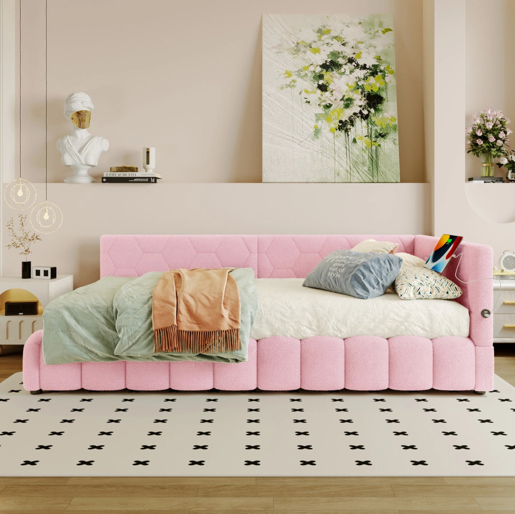 Letto da giorno 90 x 200 cm con vano idraulico; LED; USB e Type-C; velluto rosa