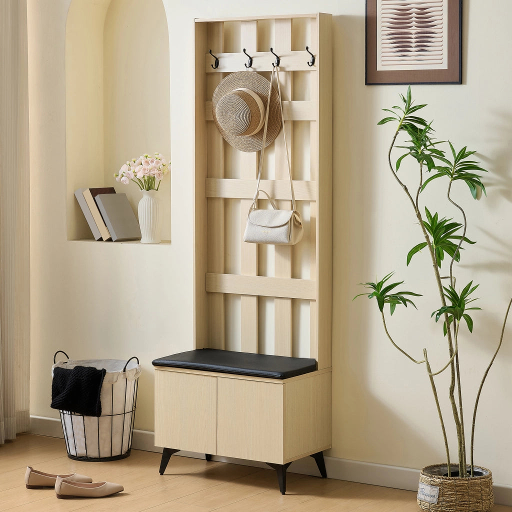 Appendiabiti da ingresso con panca e 4 ganci, struttura in MDF effetto legno, base in acciaio nero