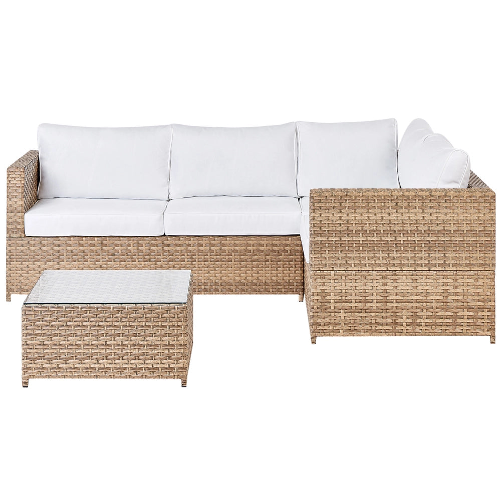 Set da giardino in rattan composto da divano angolare e tavolino in vetro con cuscini bianco sporco per esterno elegante