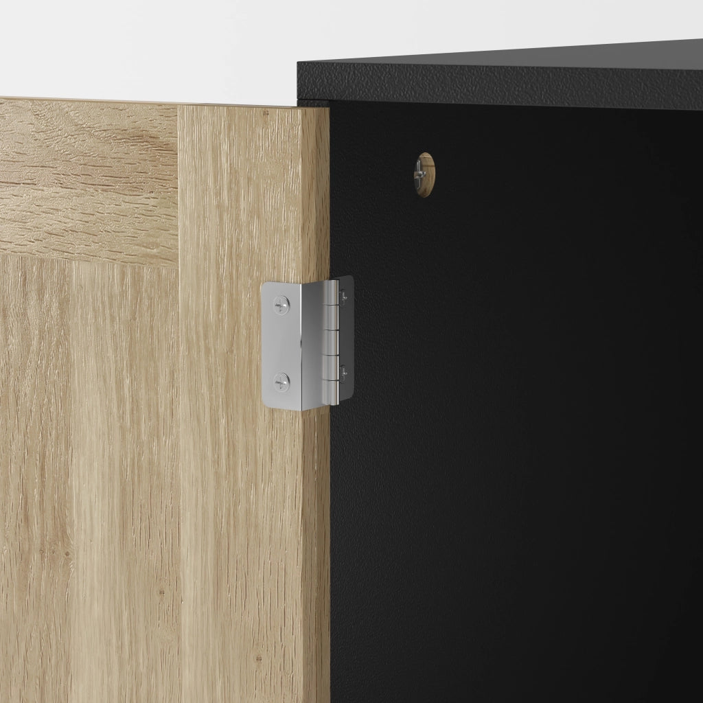 Mobile contenitore a due ante con porte magnetiche e maniglie in legno, rattan e MDF, nero 80 × 40 × 88 cm