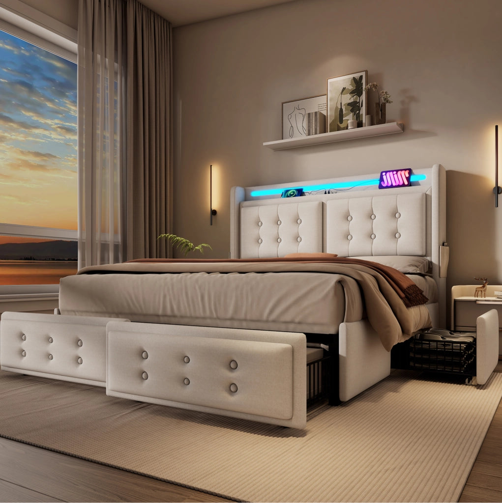 Letto matrimoniale 180x200 cm con LED; USB-C e 4 cassetti; beige in cotone-lino