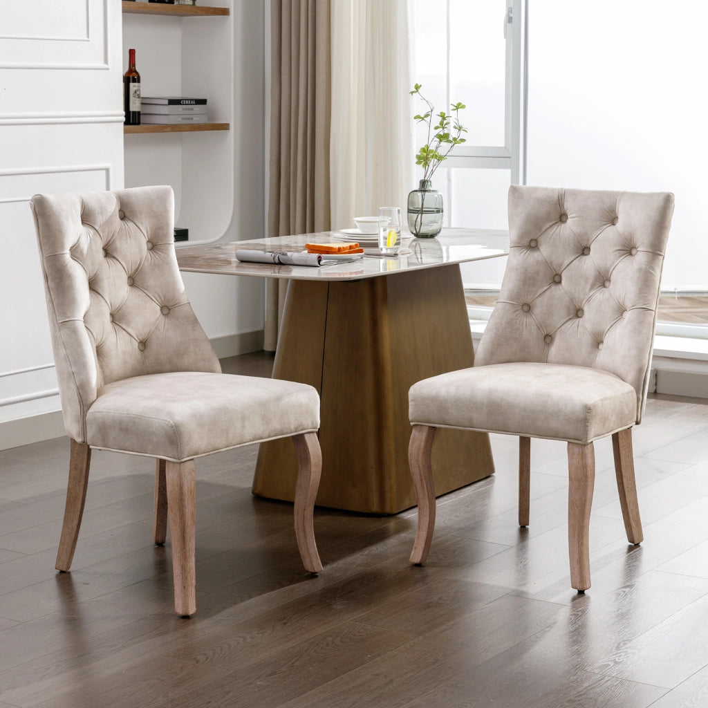 Sedia da Pranzo Imbottita in Velluto con Schienale Alto ¨C MINIMAL ¨C Beige Chiaro, Gambe in Legno Massello, Set 2 Pezzi