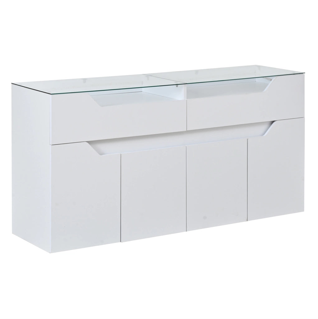 Credenza bianca in MDF con vetro temperato, due cassetti e illuminazione controllabile integrata