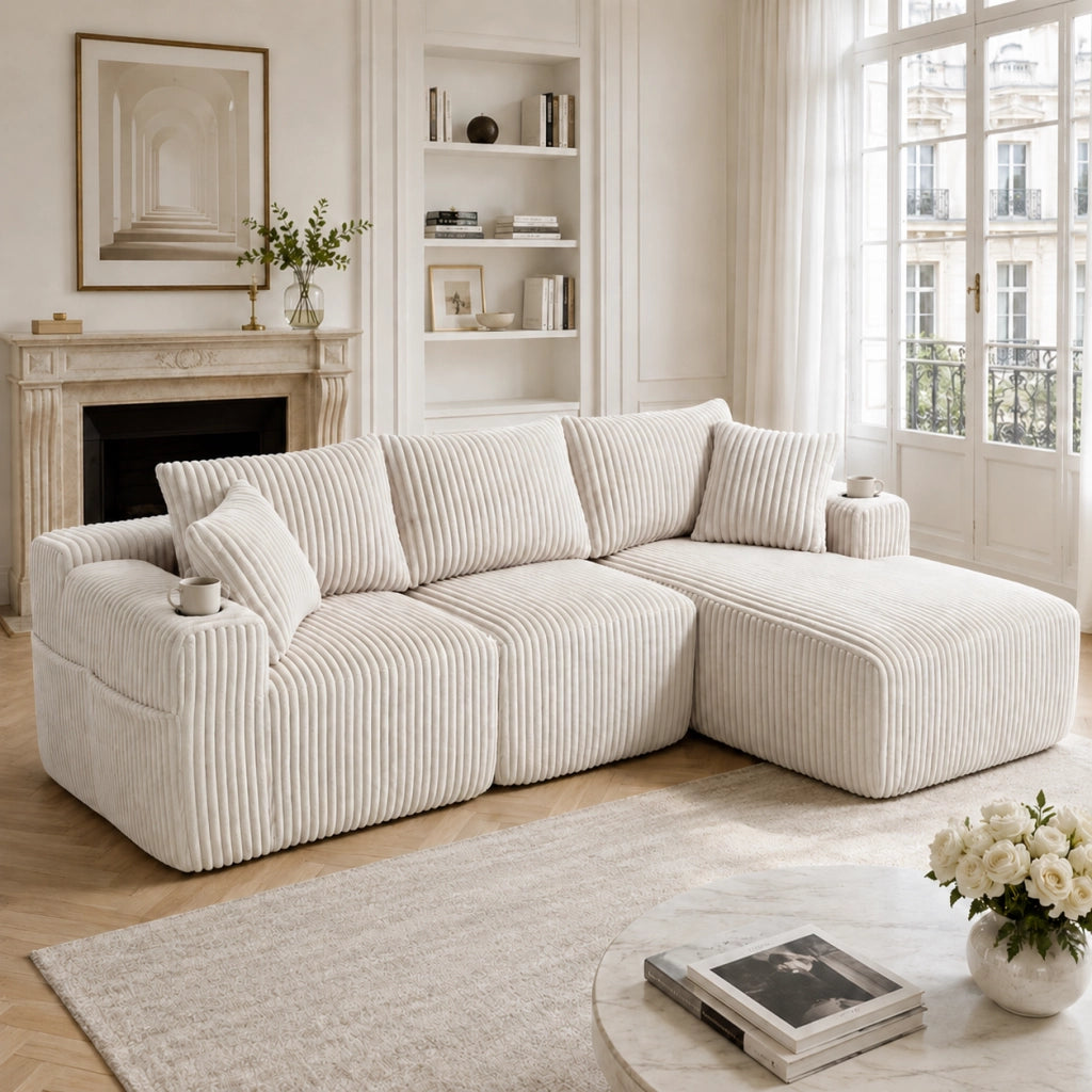 Divano modulare con chaise longue e 2 posti in corduroy beige con 5 cuscini, tasche laterali e portabicchieri