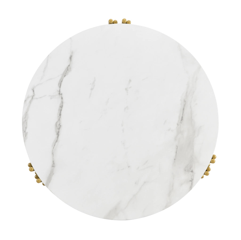 Set di 2 tavolini da caffè rotondi impilabili effetto marmo; MDF e metallo; bianco e ottone anticato