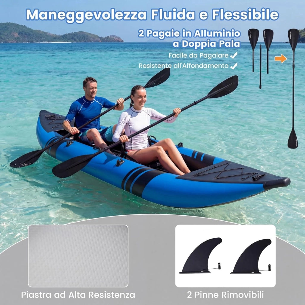 Kayak Gonfiabile 2 Posti, Kayak da Pesca Gonfiabile e Portatile 381 cm con 2 Sedili Imbottiti e Poggiapiedi Regolabili, Remi in Alluminio, Pompa a Mano, Ideale per Lago e Mare