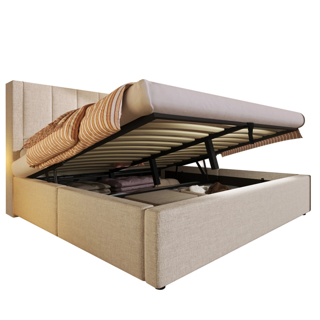 Letto matrimoniale imbottito 140x190 cm in lino beige con contenitore; porta bicchieri e presa di ricarica