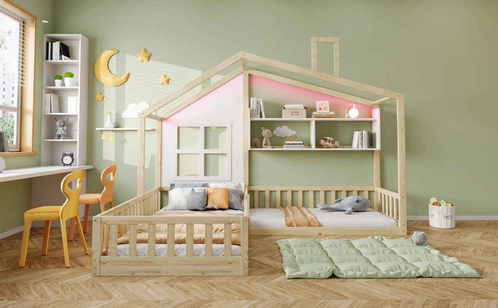 Letto per bambini a forma di casa con LED e scaffali, 90x200 cm, legno