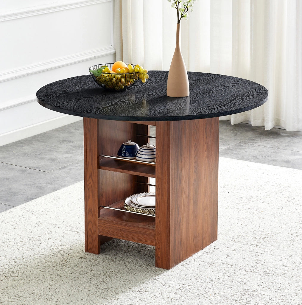 Tavolo da pranzo rotondo Ø100 cm in MDF noce e nero con ripiani