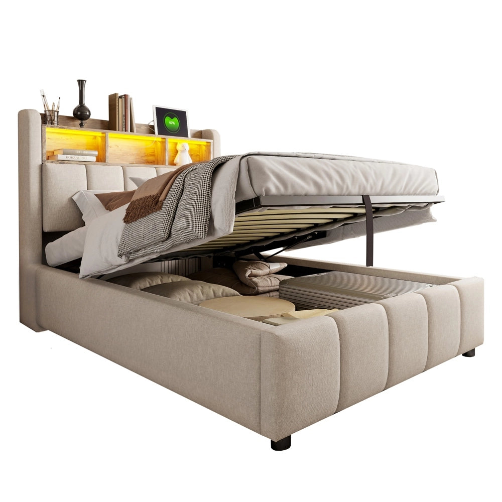 Letto bambino-Xylo-90x200 cm-LED, USB, ripiani, idraulico, lino beige