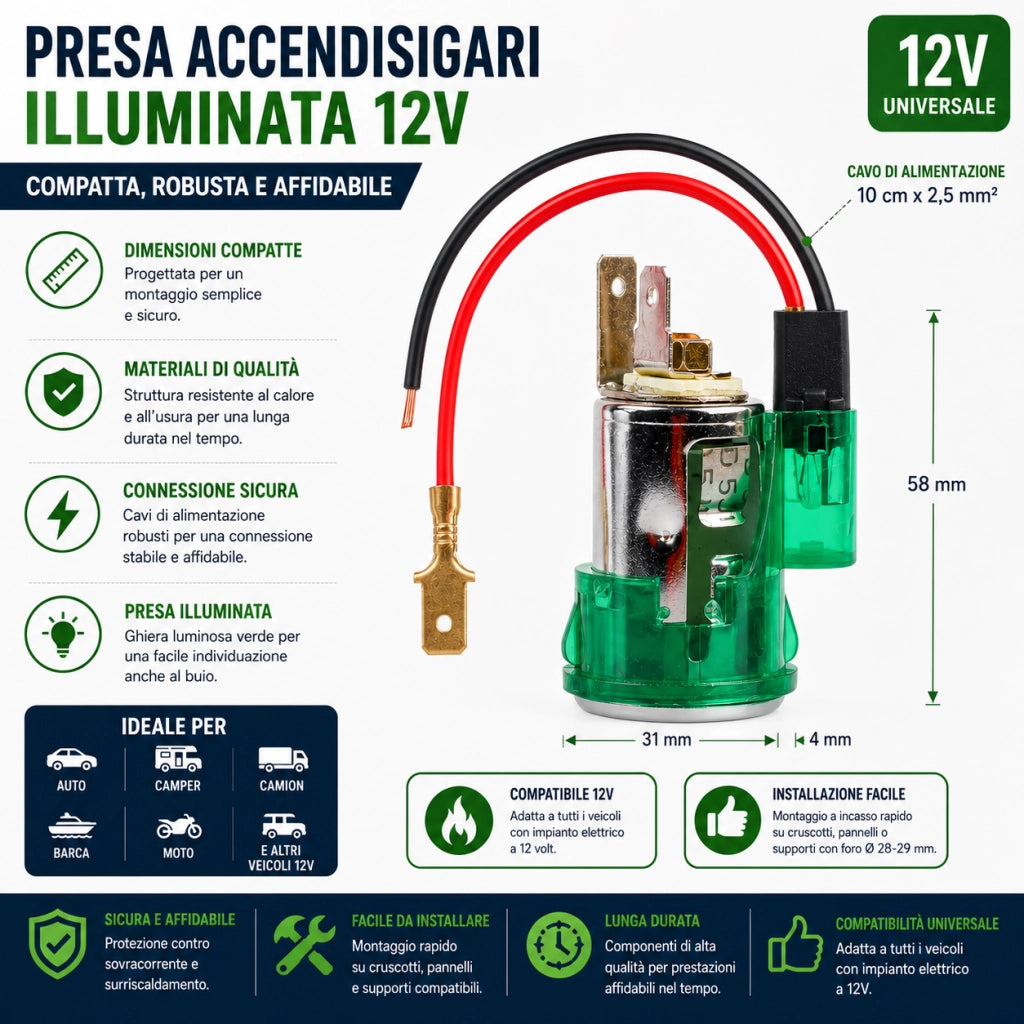 Kit Accendisigari per Auto 12V Illuminato Incasso Ø28-29 mm