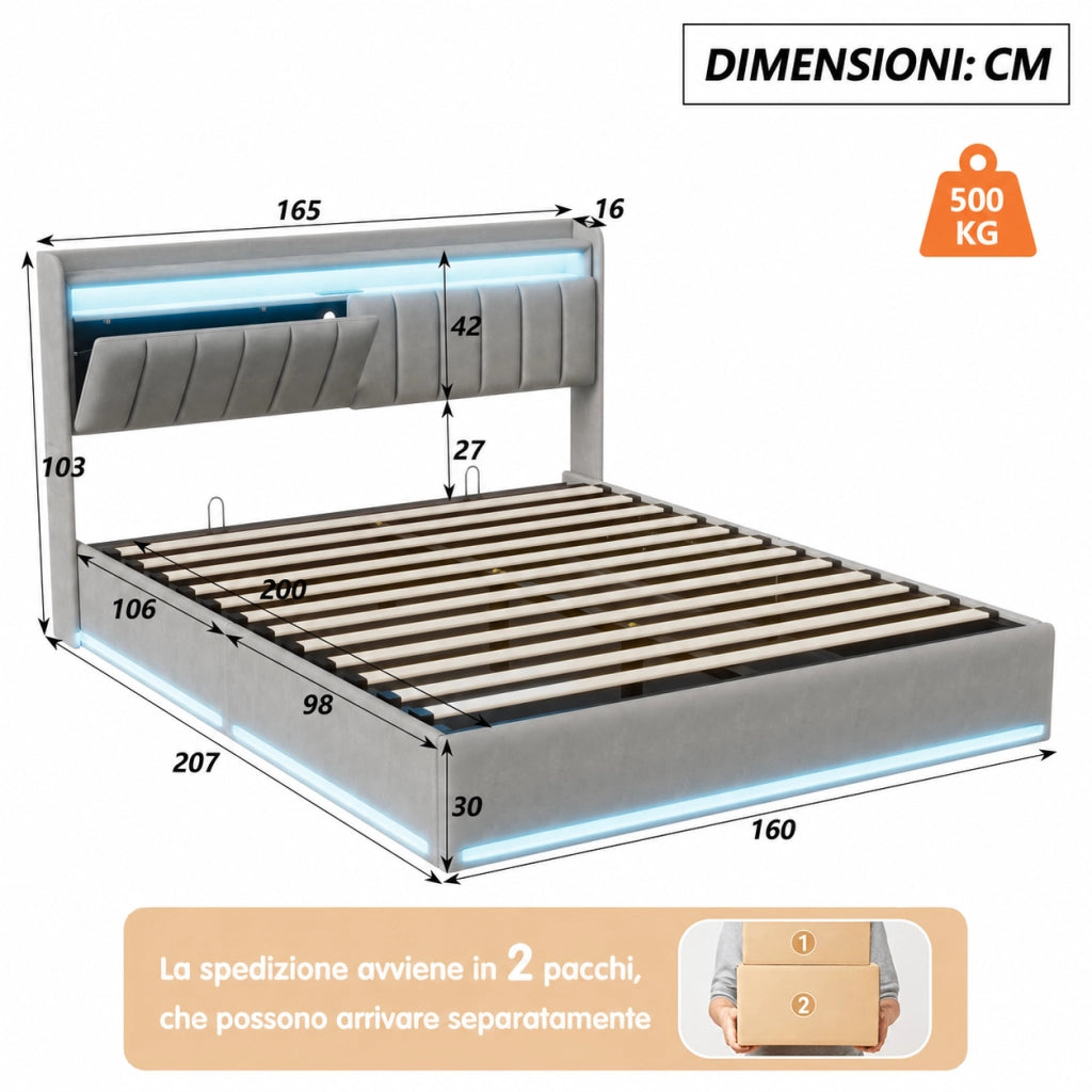 Letto matrimoniale con contenitore idraulico 160x200 cm, velluto grigio, testiera con vani, LED RGB, porte USB‑C e USB