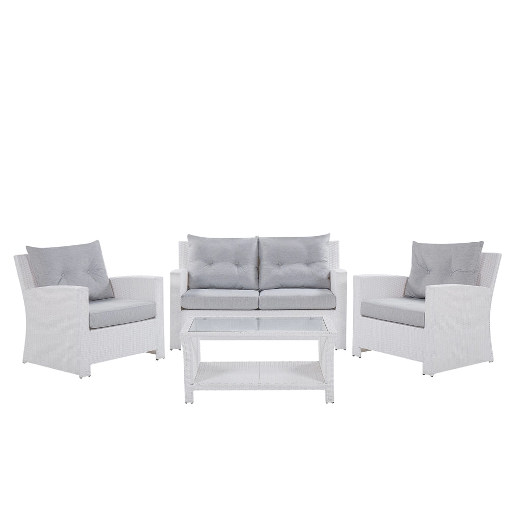 Set divano da giardino bianco finto rattan grigio cuscini esterni in vimini set di conversazione