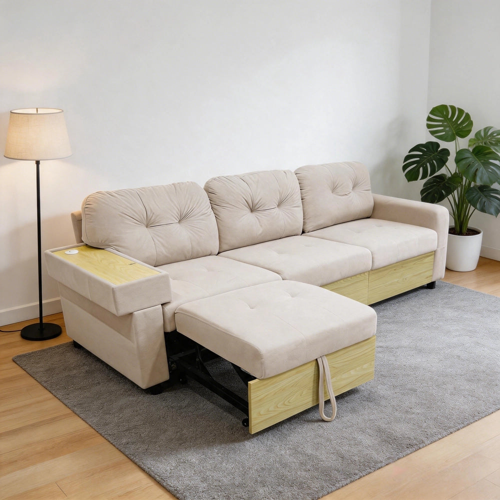 Divano Angolare 3 Posti con Penisola Estraibile ¨C MINIMAL ¨C Velluto Verde/Beige, Contenitore, Braccioli in Legno