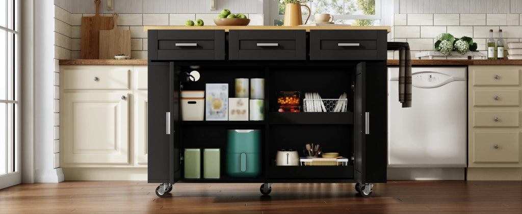 Isola da cucina mobile con piano ribaltabile, organizer estraibili, 3 cassetti, prese integrate e ruote bloccabili, 120 x 45(70) x 84 cm