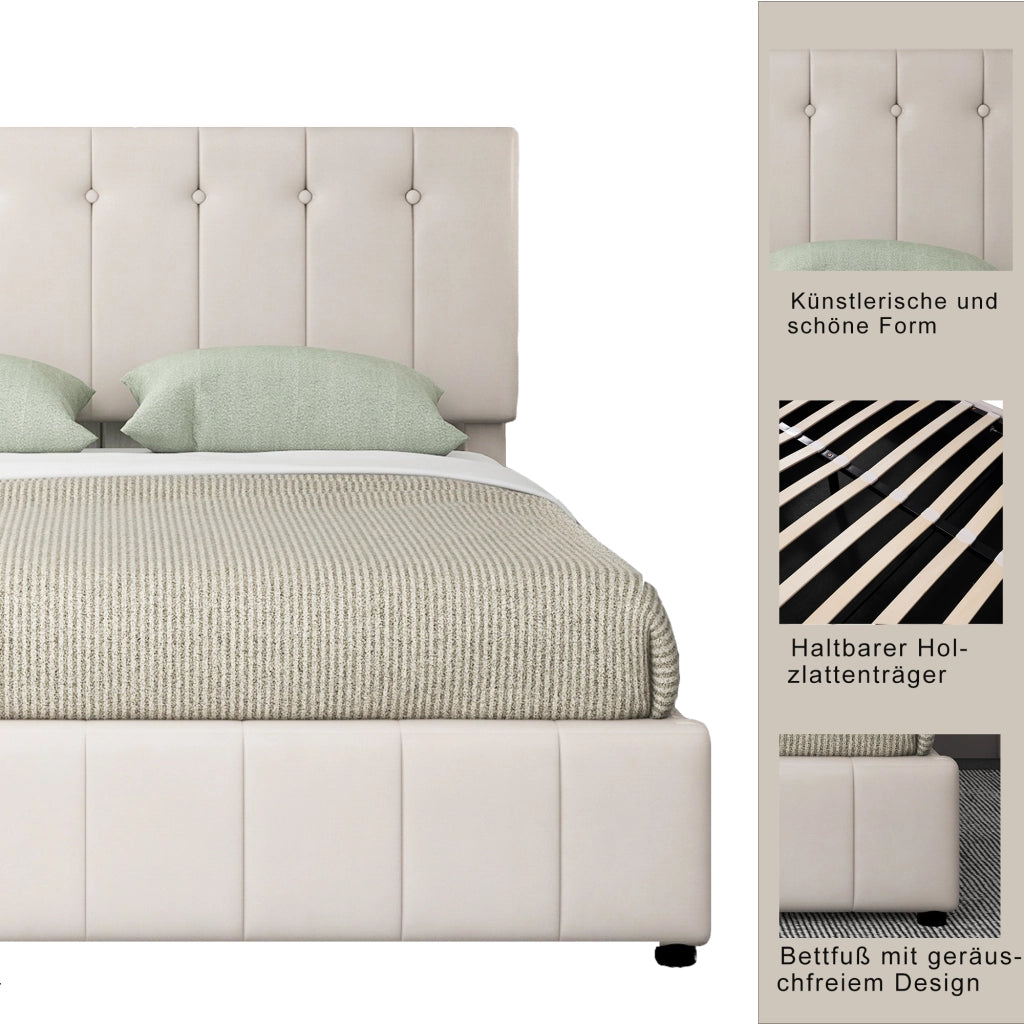Letto Contenitore 140x200 cm; con Alzata Idraulica; Testiera Imbottita e Velluto Crema