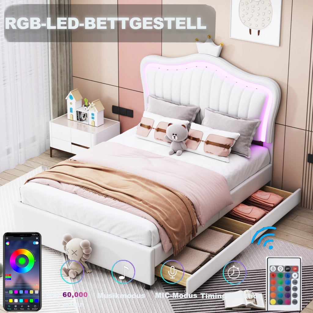 Letto singolo 90x200 - Xylo - Bianco con LED e corona senza materasso