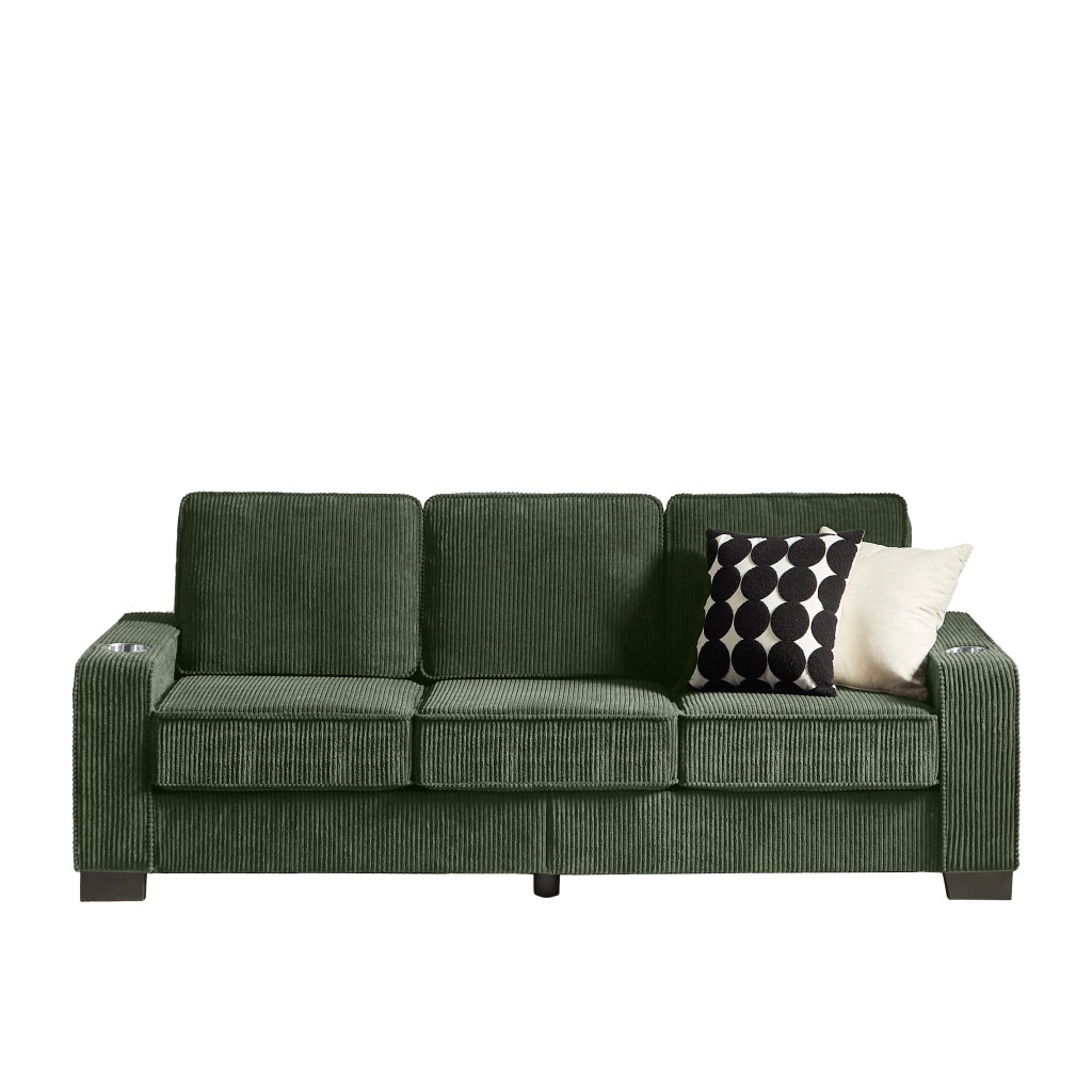 Divano a 3 posti in corduroy verde imbottito con braccioli portabicchieri per soggiorno 86 × 206 × 72 cm