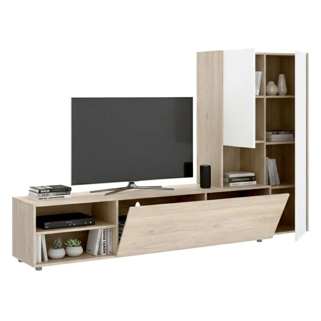 Parete attrezzata Abrino, Composizione soggiorno, Mobile salotto multiuso, Armadio porta TV, 227x40 h141 cm, Bianco e Rovere