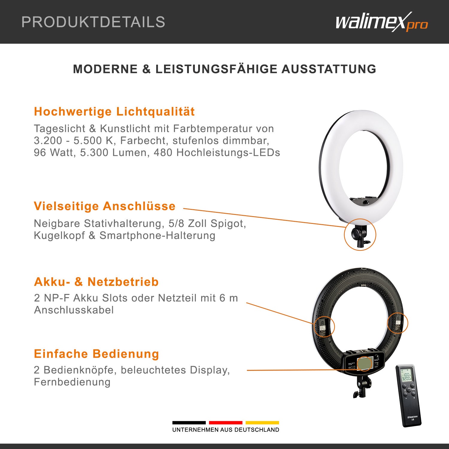 Medow 960 Pro Luce anulare LED incl. treppiede, luce anulare bicolore 3200-5500 K, luce video dimmerabile con telecomando 96 W, treppiede per lampada con ammortizzazione a molla