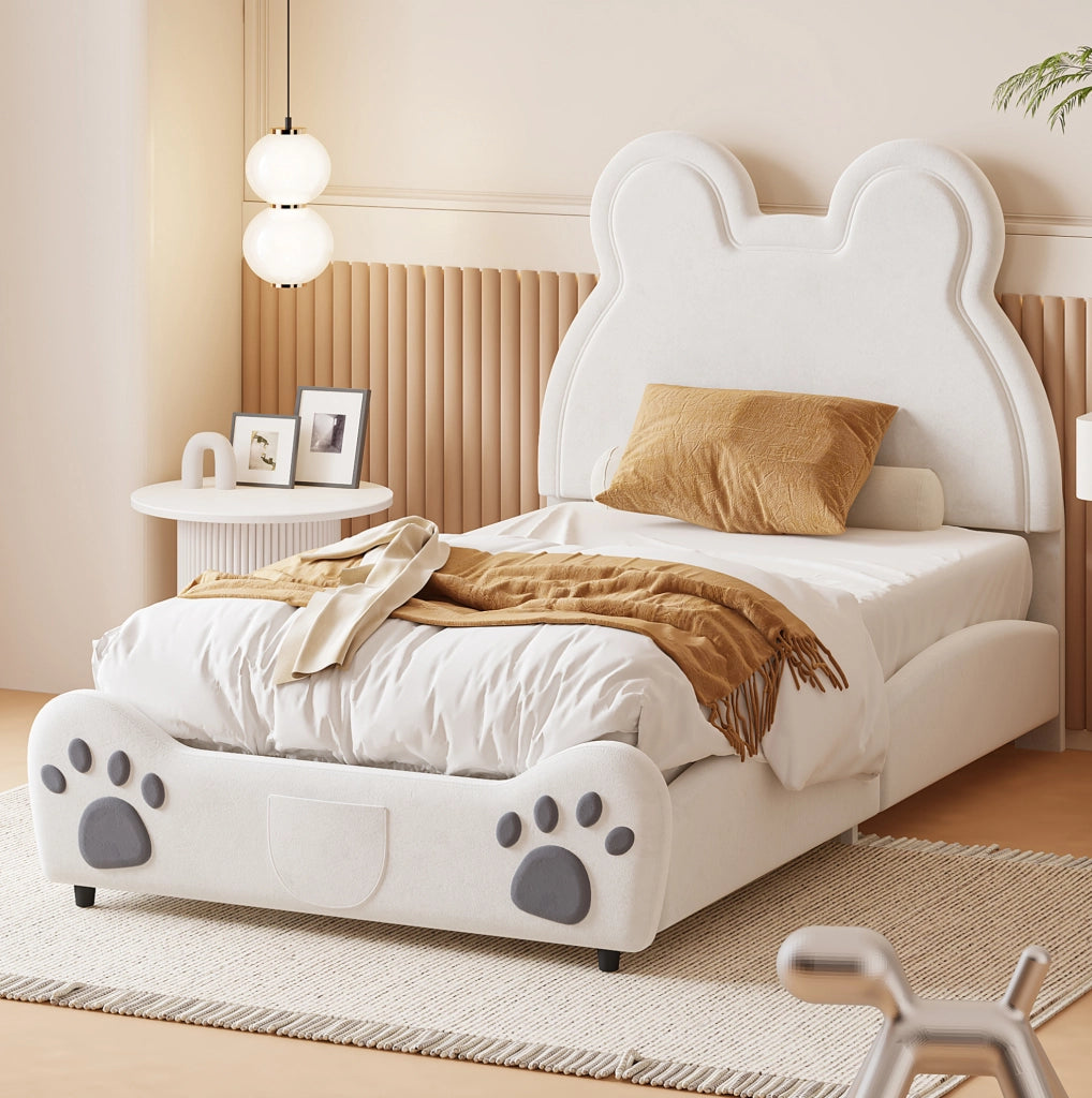 Letto imbottito per bambini 90x200 cm a forma di orso; velluto; bianco