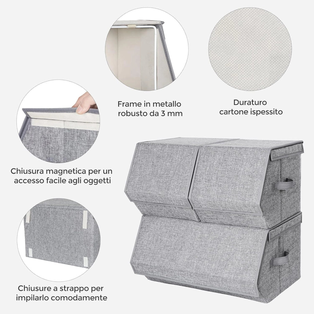SONGMICS Scatole Portaoggetti Impilabili, Set di 3 Contenitori con Coperchio, Cornice di Metallo, Chiusura Magnetica, per Vestiti Giocattoli Libri, Grigio RLB12GY
