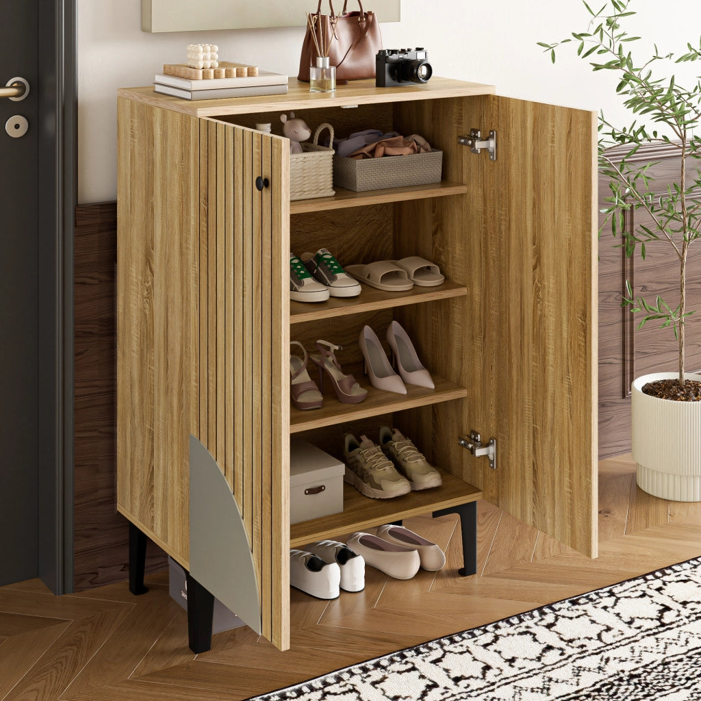 Mobile Scarpiera con 2 Ante e Ripiani; Gambe in Metallo Nero; Stile Moderno; Ingresso; in MDF; Naturale; 60×32×94 cm