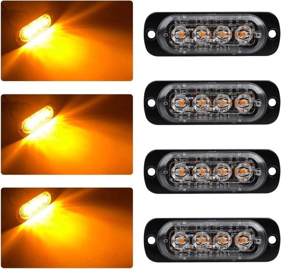 Luce di Emergenza Ultra Sottile a 4 LED - Barra di Luce Stroboscopica per Dangers Amber - Universale per 12-24V Veicoli - Camion - Rimorchio - Caravan - Camper