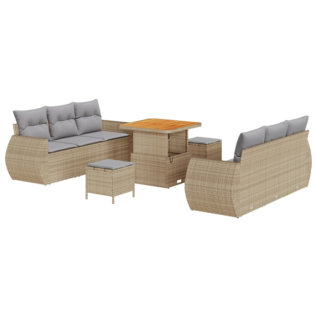 Set divani giardino 9 pezzi con cuscini beige in polyrattan e acacia