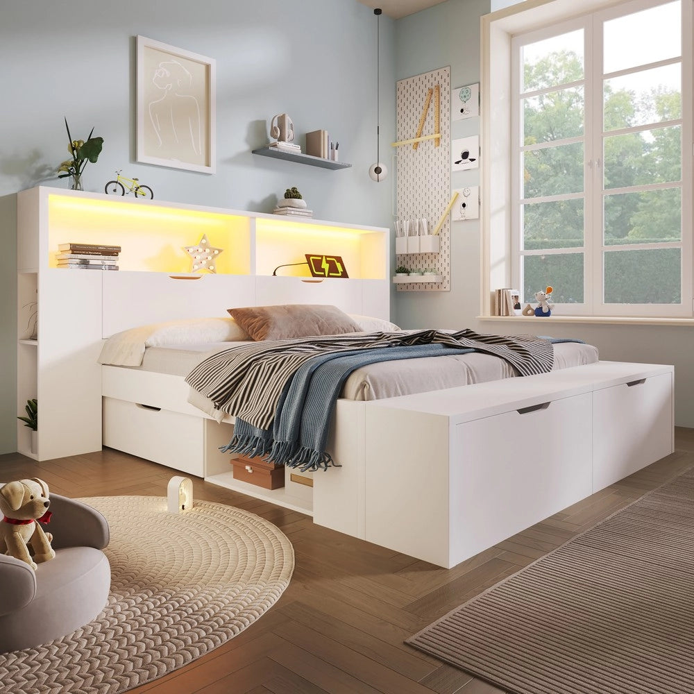 Letto Contenitore 140x200 in Legno con LED, Cassetti e Rete a Doghe ¨C MINIMAL ¨C Bianco