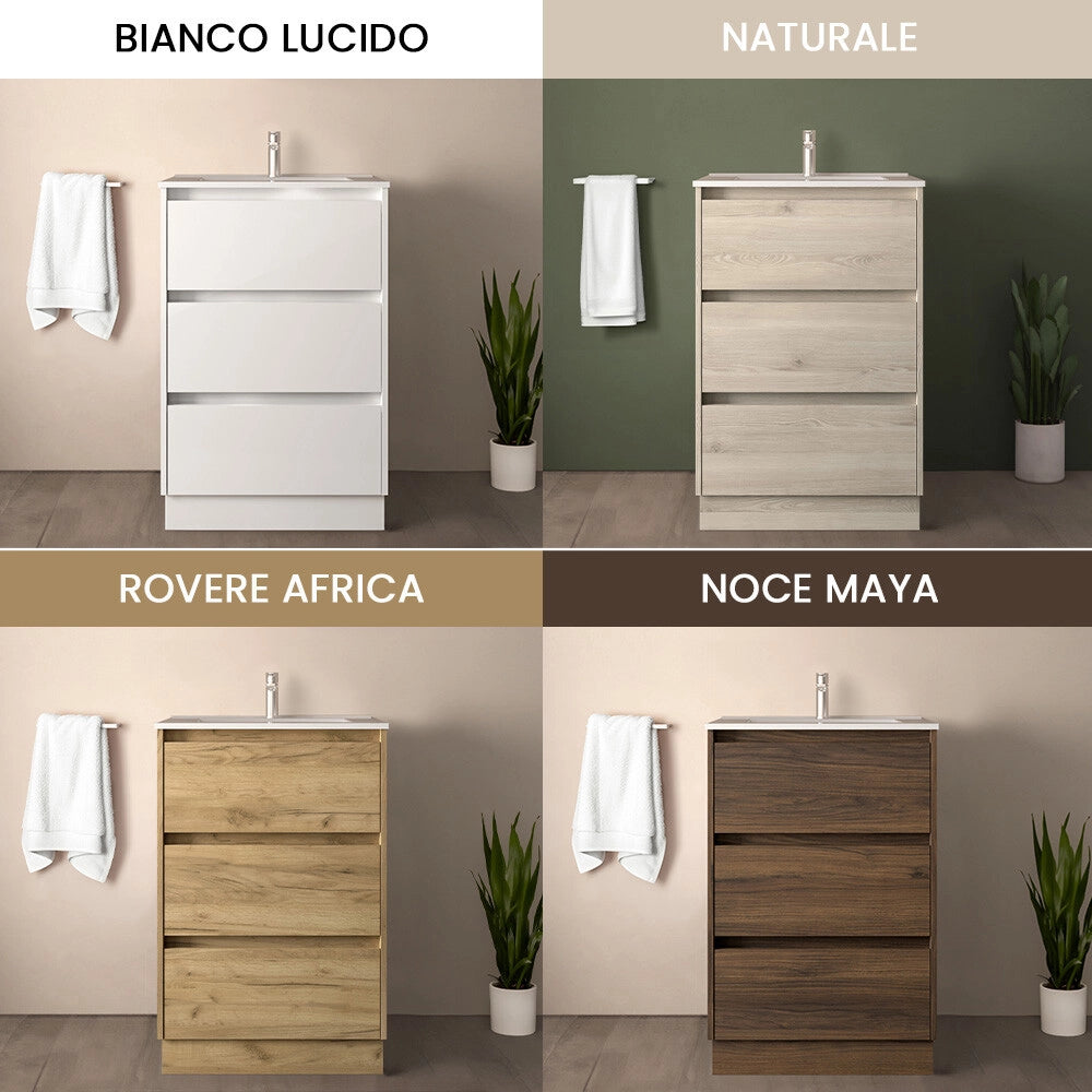 Mobile bagno 60 cm bianco lucido con lavabo ad incasso Gaya