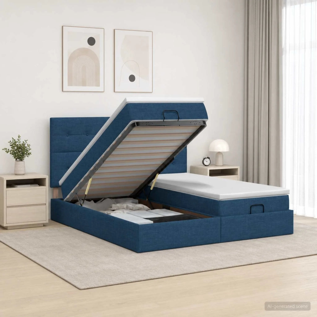 Letto ottomano con materasso con testiera 2 pz Blu Tessuto 3457861