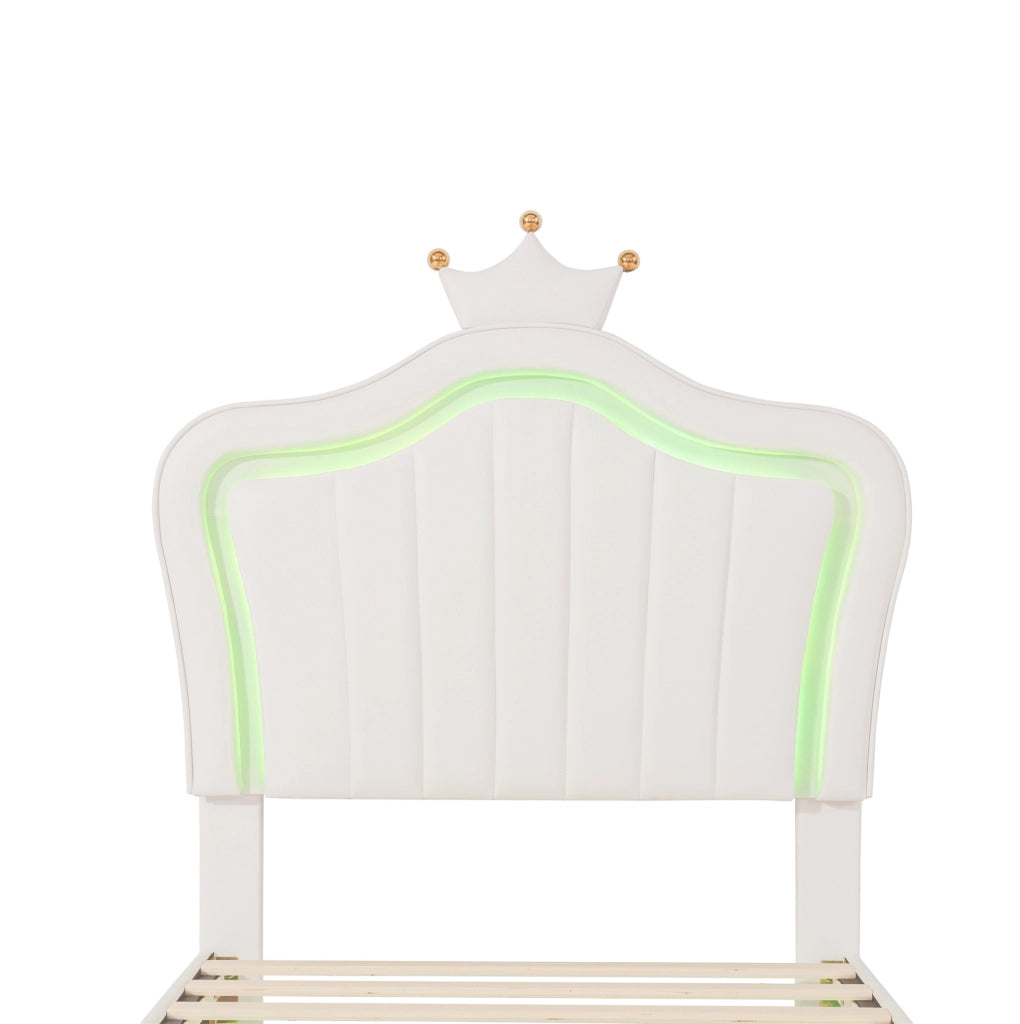 Letto imbottito 90x200 cm; 140x200 cm; testiera a conchiglia con LED; MDF ecopelle e metallo; bianco (Senza materasso)