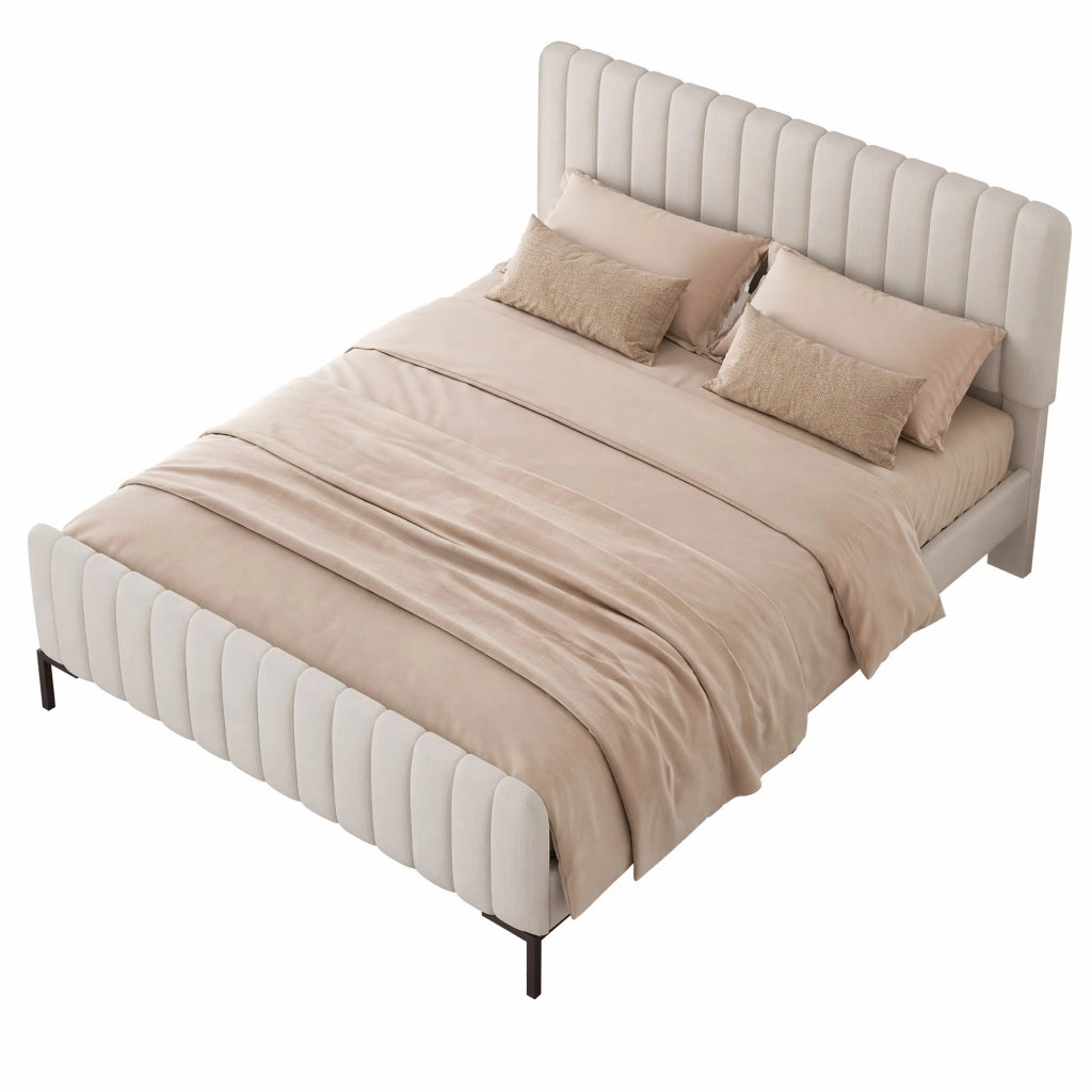 Letto imbottito 140x200 cm con rete a doghe, testiera regolabile, tessuto effetto lino grigio-beige
