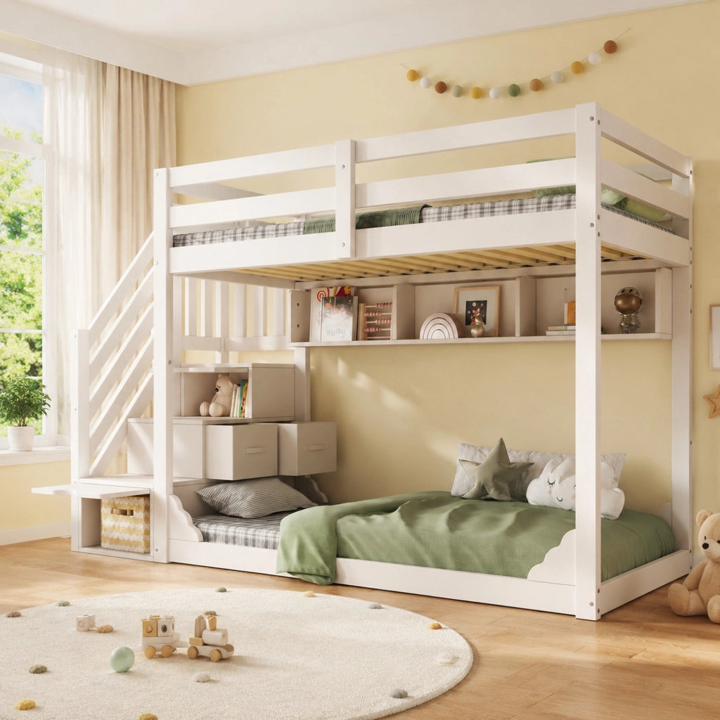 Letto a castello 90x200 cm bianco con scala contenitore