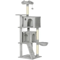 Albero Tiragraffi per Gatti con 2 Casette, Amaca, Lettino e Pali in Sisal, 48x48x160 cm, Grigio