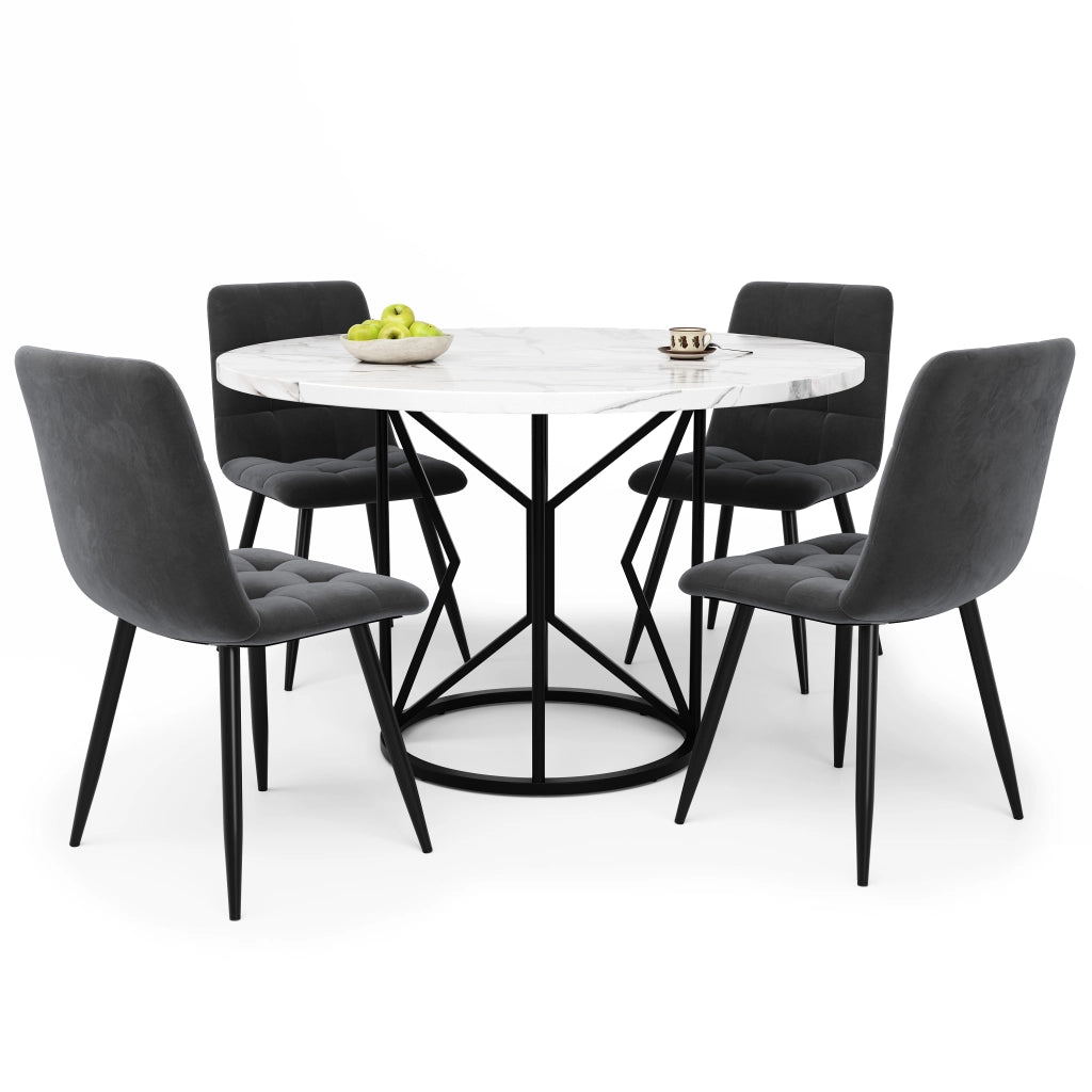 Tavolo da pranzo rotondo con 4 sedie in velluto, piano in MDF effetto marmo, per cucina e sala da pranzo, nero