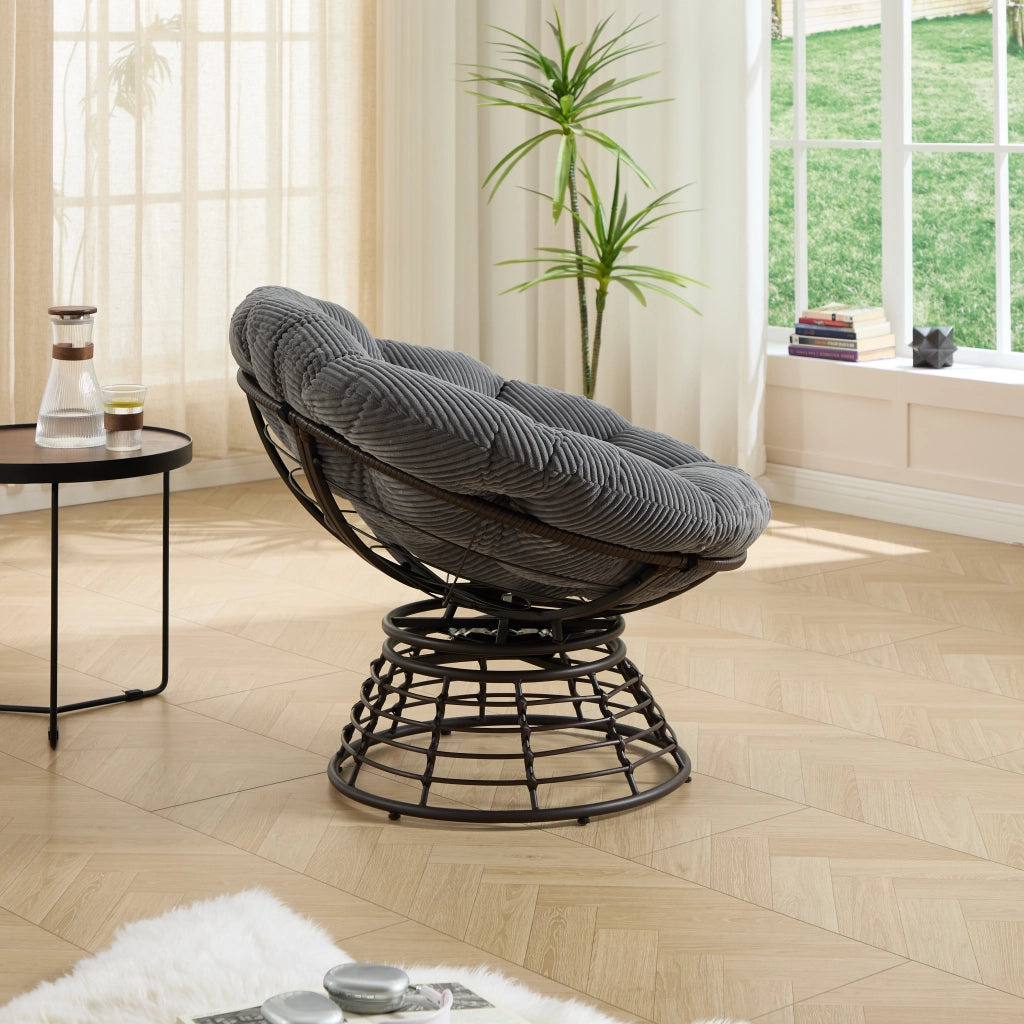 Poltrona Papasan Girevole a 360° Design Ergonomico con Cuscino Imbottito Spesso in Acciaio; Rattan PE e Velluto Grigio