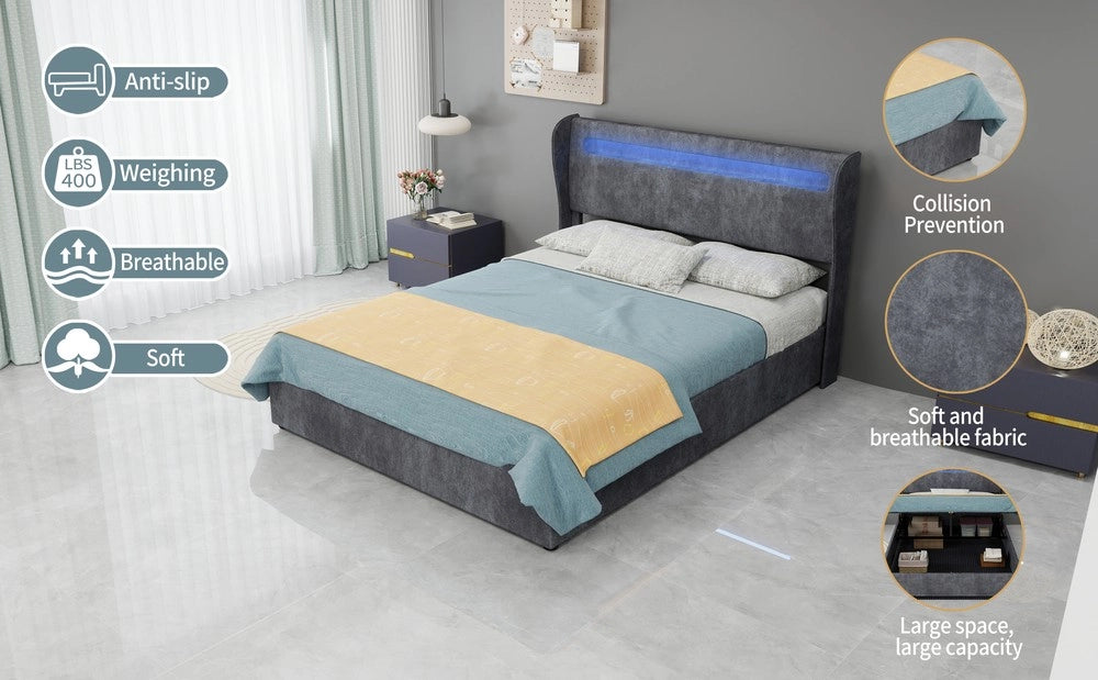 Letto Contenitore Imbottito con LED ¨C MINIMAL ¨C Grigio 140x200 con Materasso