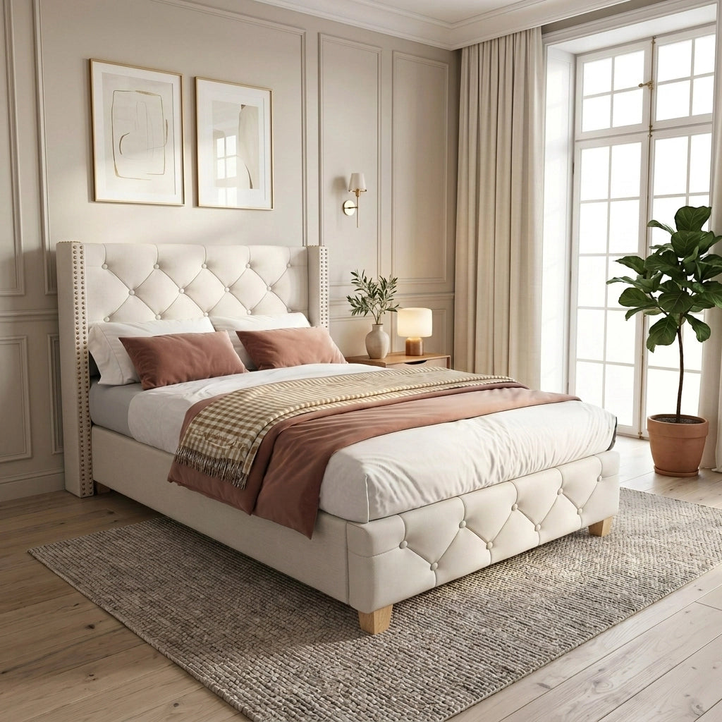 DESMIU Letto singolo 1 posto con testiera imbottita e borchie decorative 90 × 200 cm, senza materasso, beige