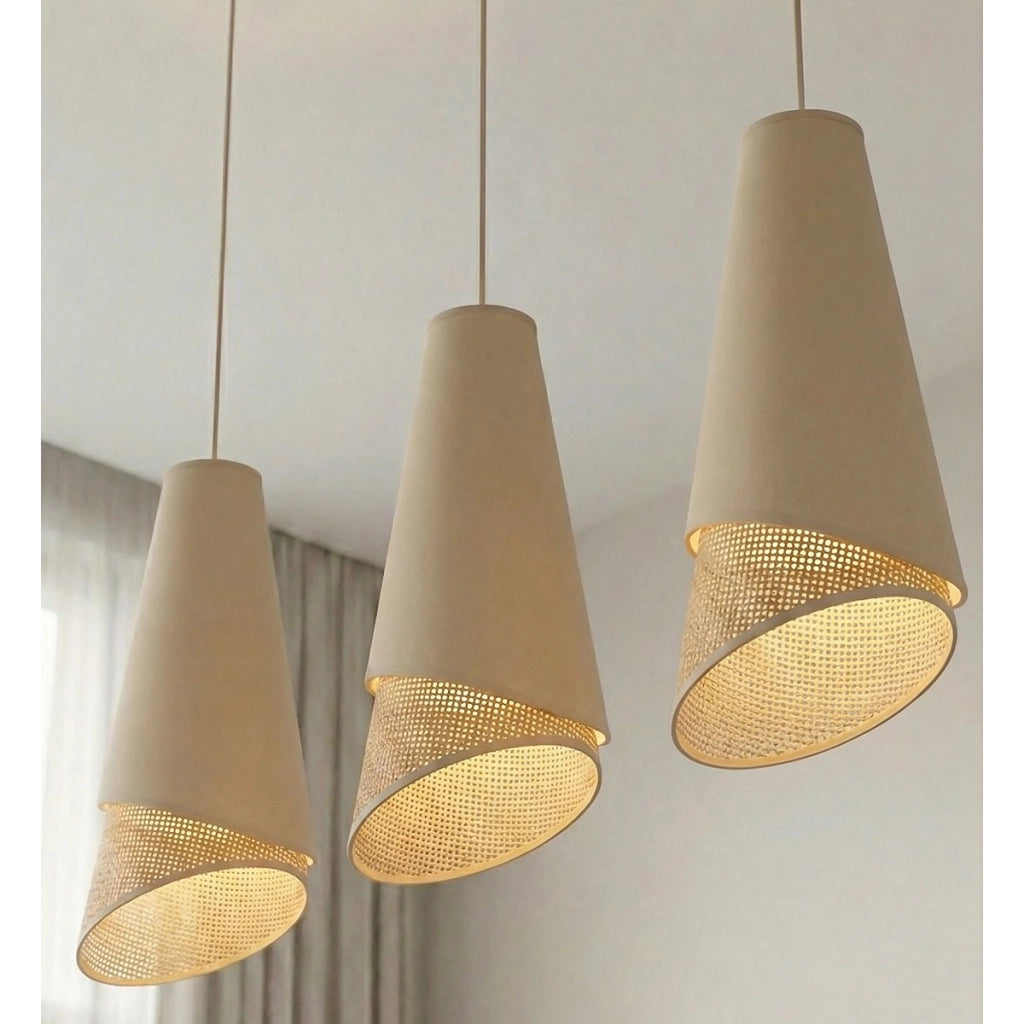 Lampada a sospensione MODA in acciaio e tessuto effetto rattan