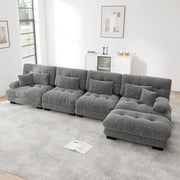 Divano angolare modulare 4 posti con ottomani mobili e cuscini decorativi effetto cloud in chenille grigio