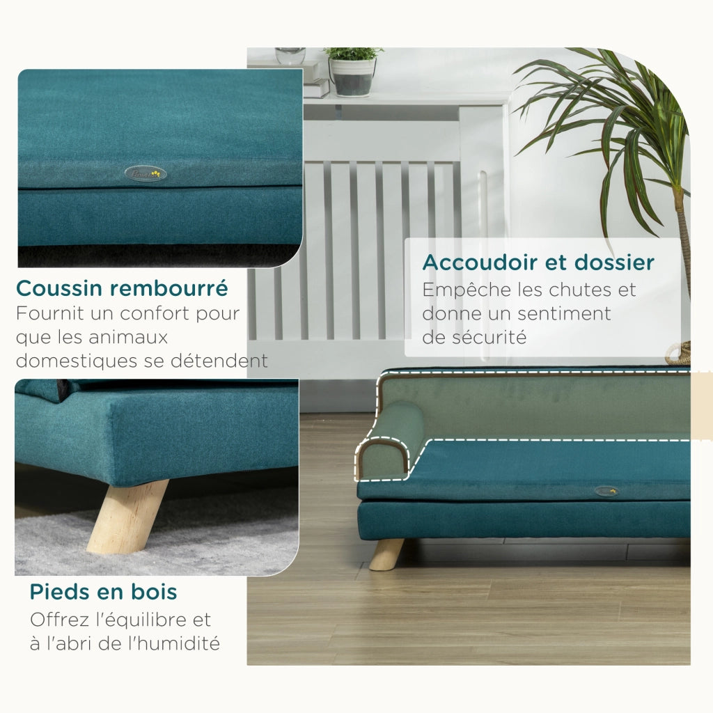 Divano per cane gatto design scandinavo cuscino removibile legno massello 100x62x32 cm blu