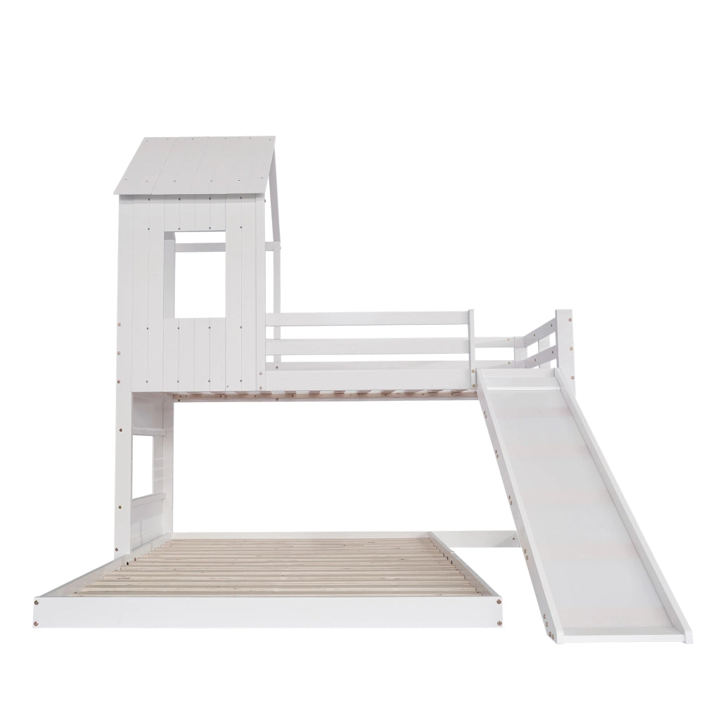 Letto a castello con scivolo; tetto; finestre e scala a 3 gradini; pino e MDF; bianco; 90x200 e 140x200 cm