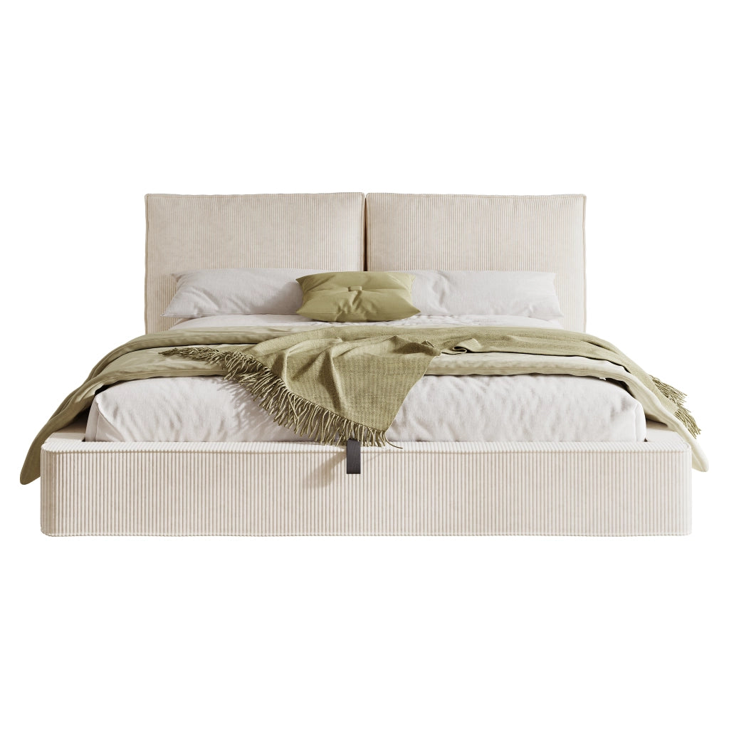 Letti contenitori 180x200 cm con contenitore e testiera imbottita; velluto a coste beige (Senza materasso)