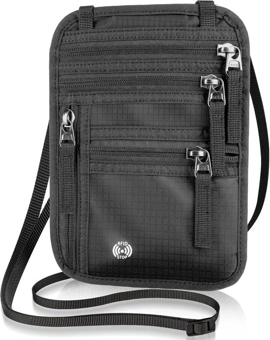 Borsa di Viaggio con Blocco RFID per Passaporto - Dimensioni 14 cm x 20 cm - Protezione per Passaporto e Crediti - Borsa per Passaporto con Cinturino per Uomo e Donna - Nero - Peso 0,15 kg - Dimensioni 14 cm x 20 cm