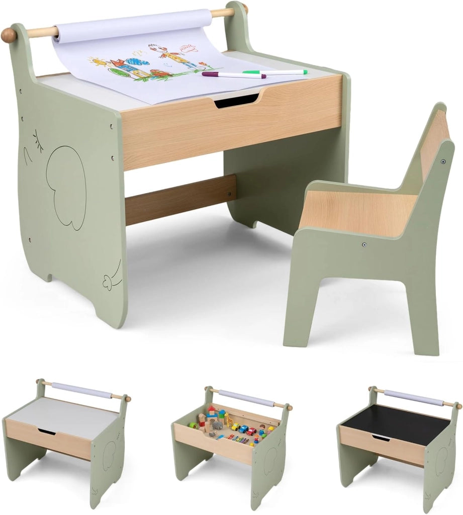 Set Tavolo e Sedia per Bambini 4 in 1, Set con Scrivania e Sedia in Legno per Bambini con Lavagna Reversibile, Rotolo di Carta e Contenitore Nascosto per Aula e Cameretta (Verde)