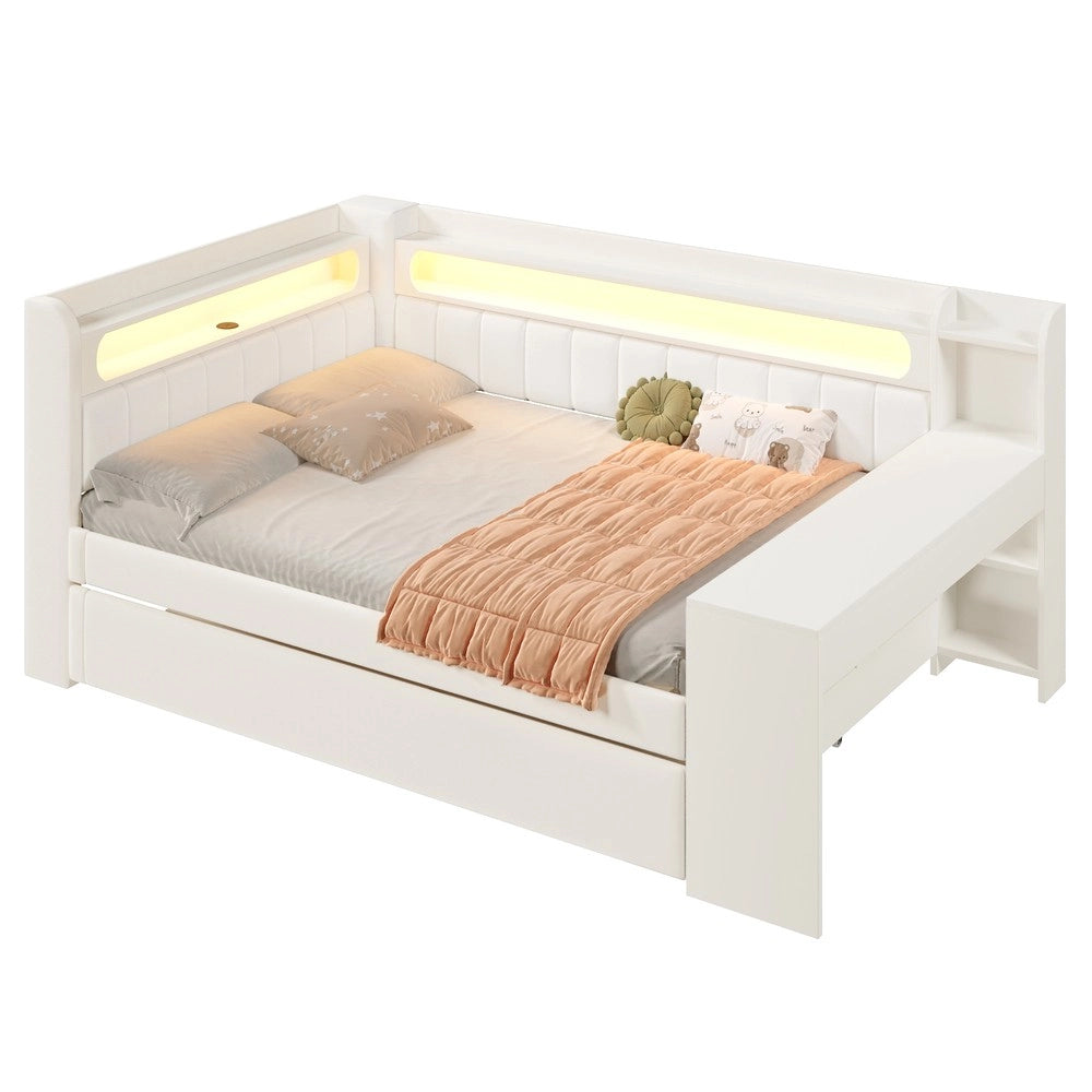 Letto Imbottito con Letto Estraibile e Scrivania ¨C MINIMAL ¨C Bianco, LED, USB, 140x200
