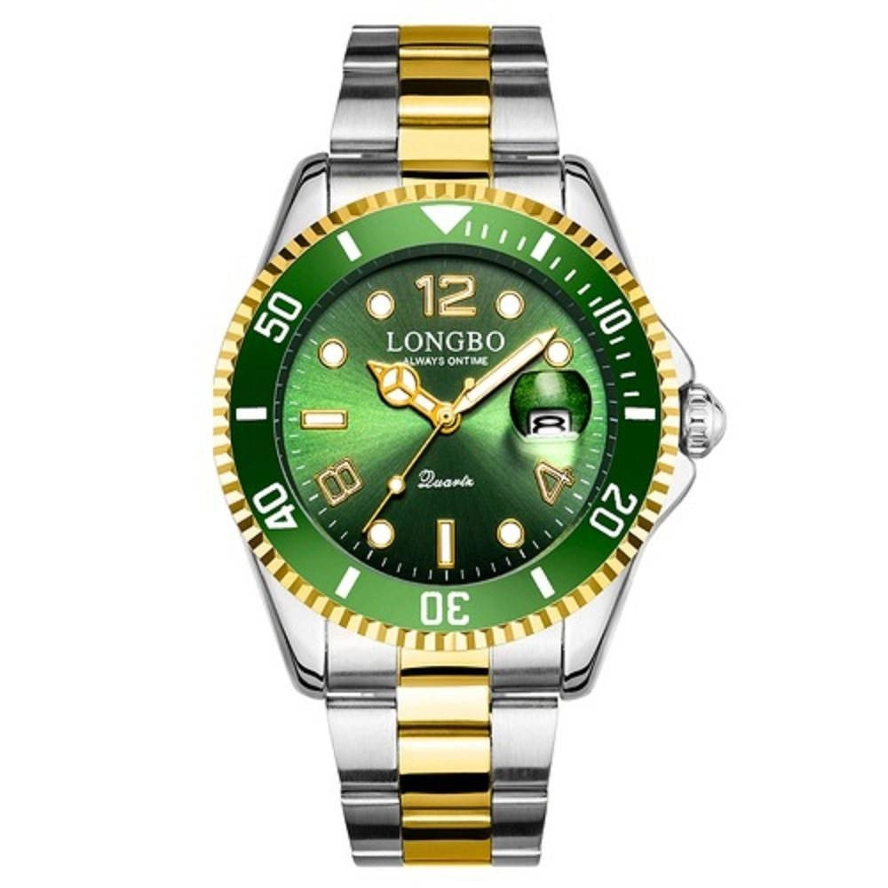 Trade Shop - Orologio Polso Longbo 80430g Uomo Quarzo Impermeabile Data Moda Silver Oro Verde -